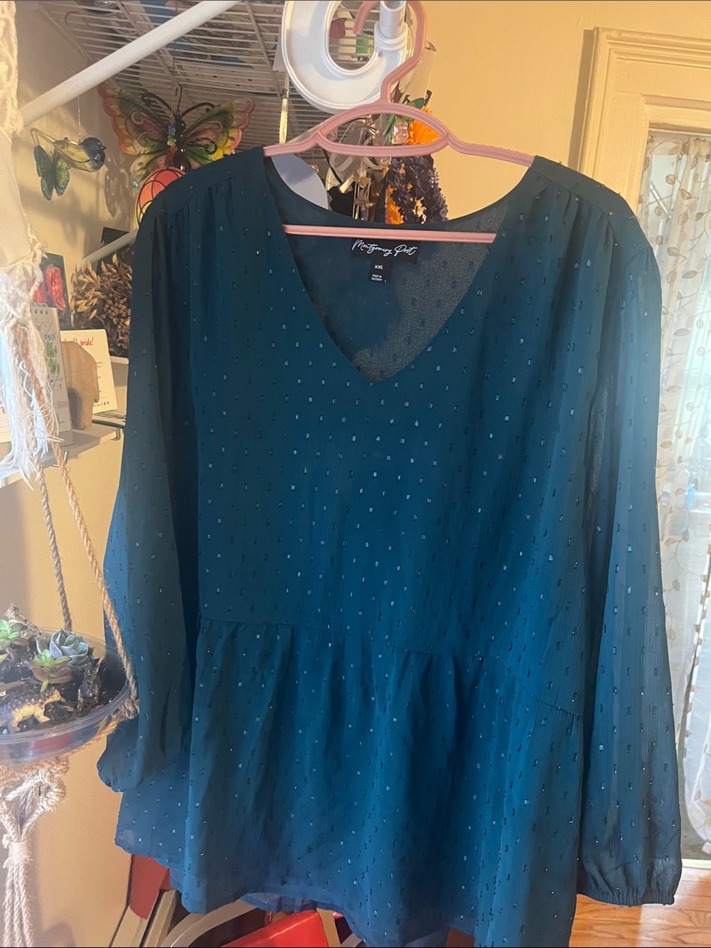 Montgomery Post Teal Long-Sleeve V-Neck Peplum Tunic